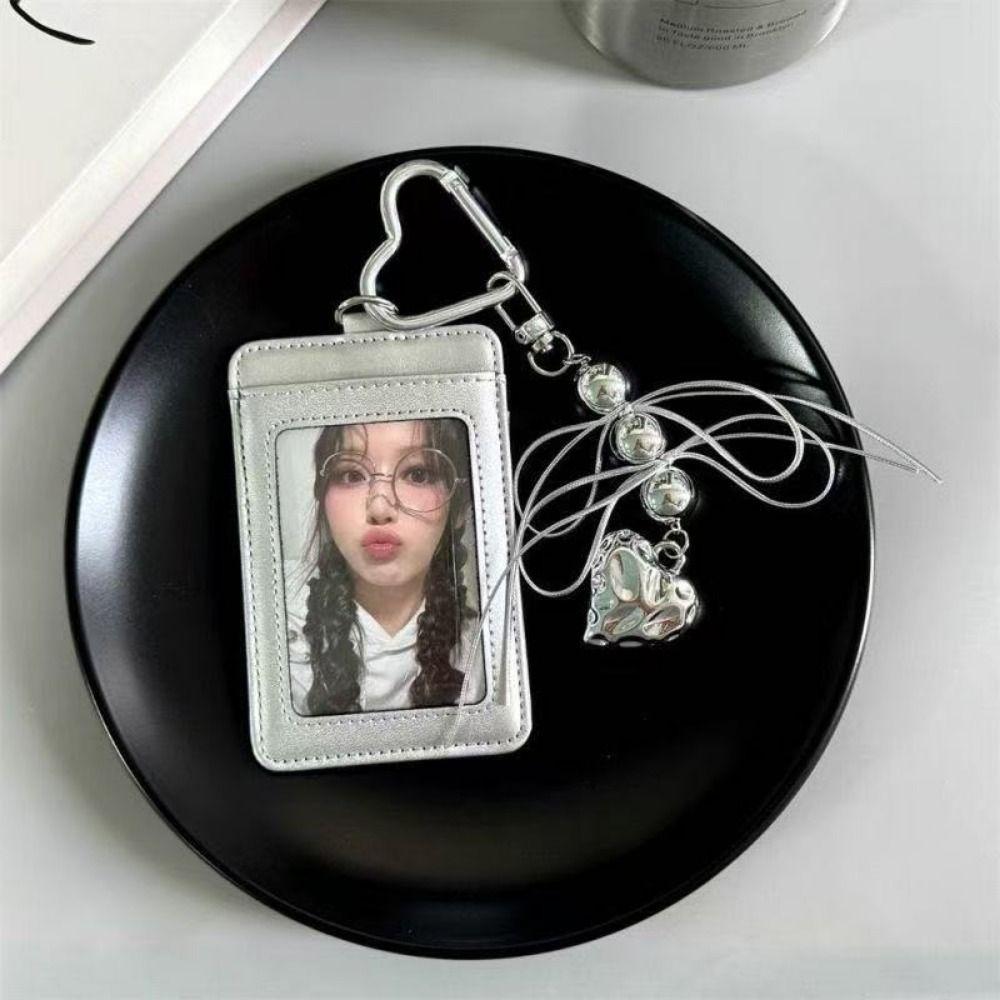 Kawaii Leather Card Holder Silver Love Bead Pendant Kpop Photocard Holder Ins Ribbon Photo Display Bag Pendant Employee ID