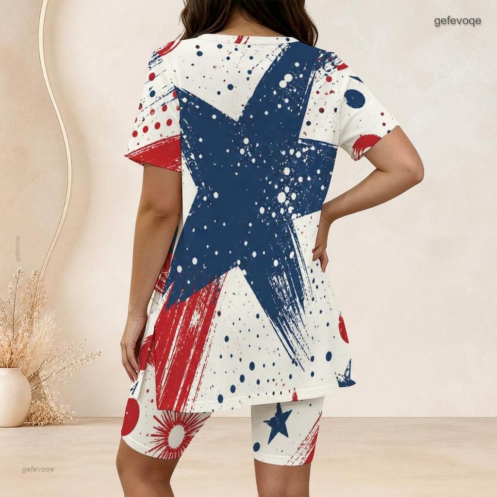 Women Plus Size Two Piece Outfit Crew Neck Short Sleeve Side Slit Top And Biker Shorts Rainbow Heart Print Set