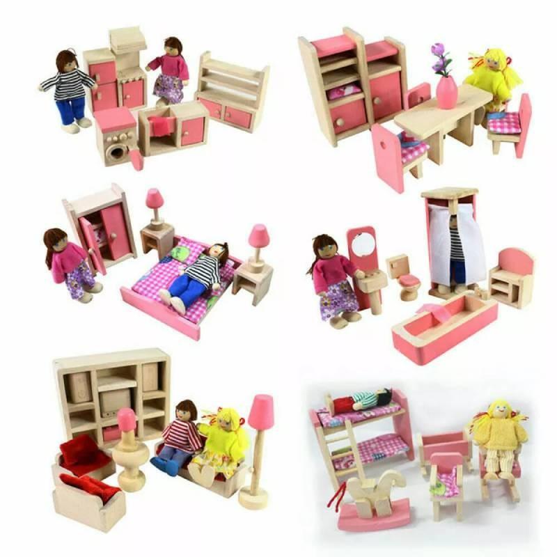 Entzückendes Holzpuppenhaus-Möbelset für Kinder mit farbenfrohen Schlafzimmer-, Küchen- und Wohnzimmer-Accessoires