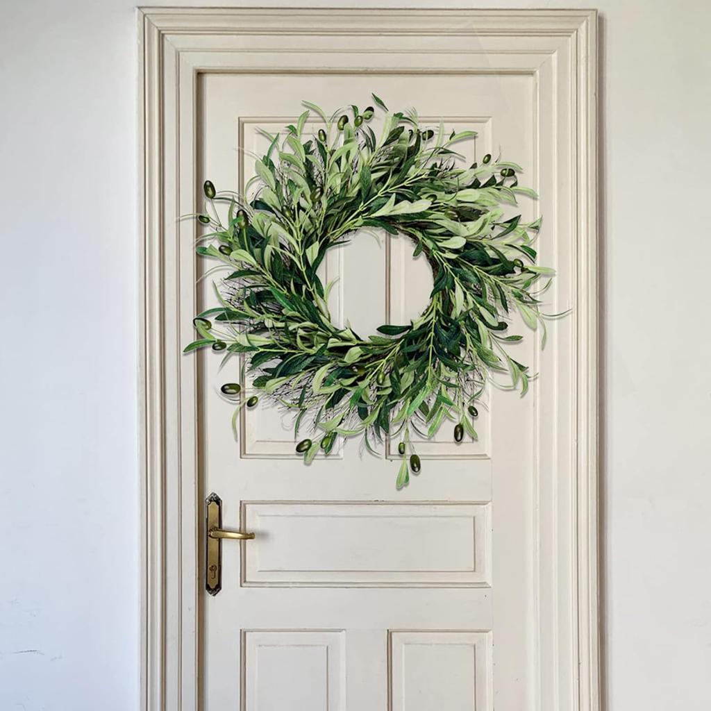 Artificial Olive Leaf Wreath for Front Door, 20 Inch Green Olive Wreath with Olive Leaves and Olive Bean, Greenery Wreath for Home Wall Window