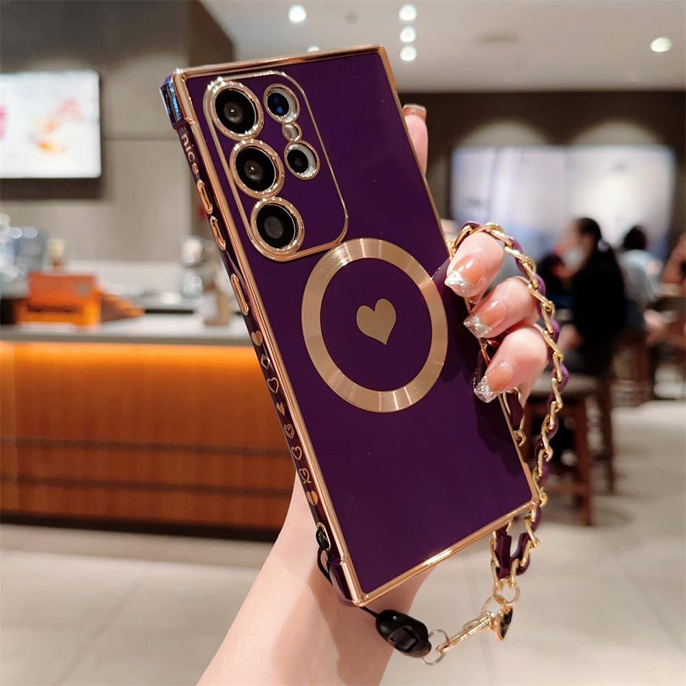 For Magsafe Love Heart Wrist Chain Case for Samsung Galaxy S25 S24 Ultra S22 Plus S23 S21 S20 FE Magnetic Bracelet Plating Cover