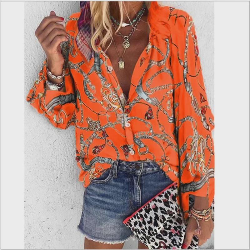 Women's Autumn/Winter Multi-Color Chain Print Stand Collar Long Sleeve Shirt
