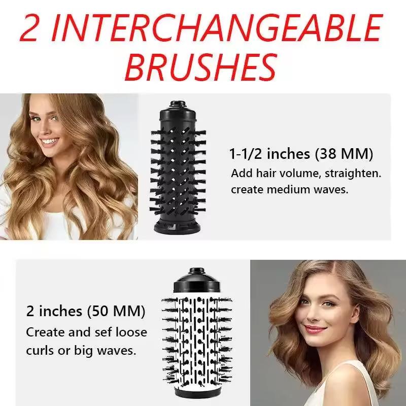 One Step Rotating Hot Air Brush Hair Dryer Comb 2 Gears Electric Styler Straightener Curler with 2 Replaceable Heads