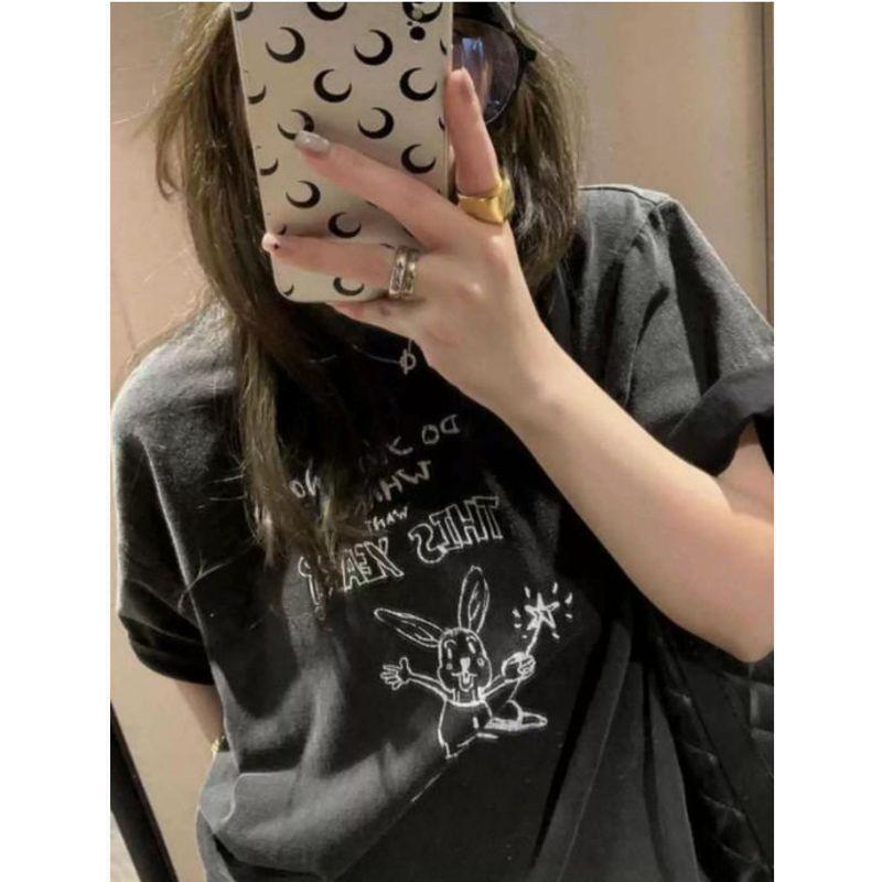 

Plus-Size American Retro Spicy Girl T-Shirt for Women, New Summer Short-Sleeve Washed Vintage Fashionable Cartoon Top for Plus-Size Women Washed Black M [Recommendation 40-50kg]