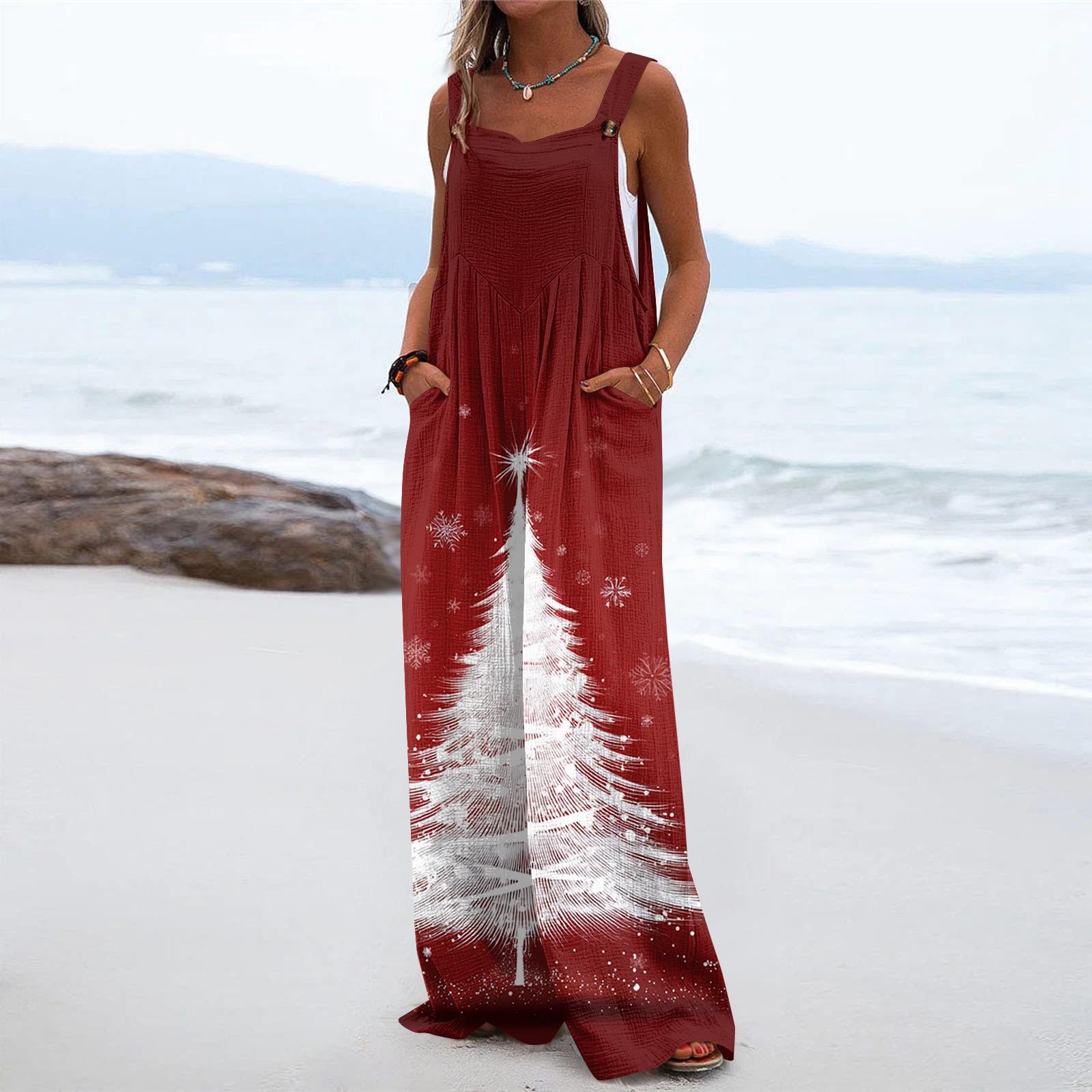 

Женский рождественский принт однотонный широкий крой без бретелек майка карман повседневный комбинезон XXL