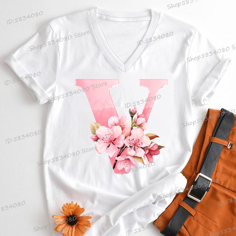 Pink Sakura Alphabet Graphic T Shirts Women AZ 26 Alphabet Pink Flower Cartoon Tshirts Cherry Blossom Letters Casual Tops Tees