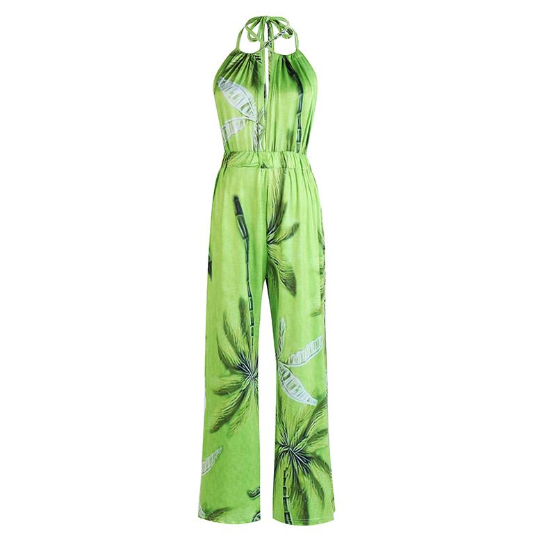 Frauen Sommer Backless Sexy Coconut Tree Print Neunte Hosen Halter Elastische Strampler Overall