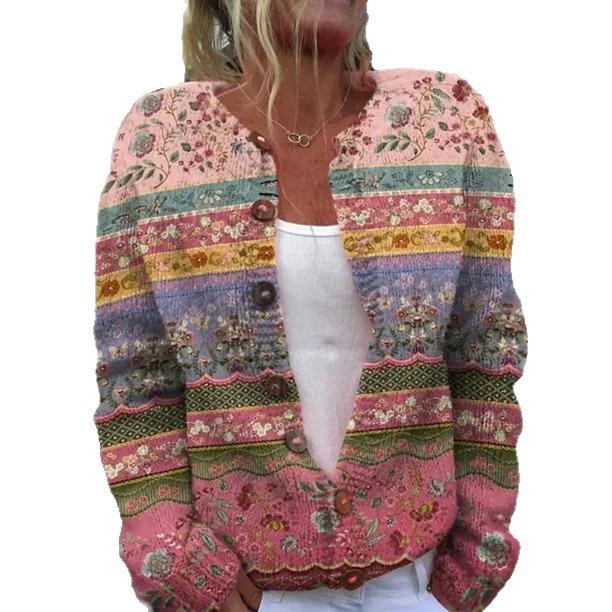 Women's Faux Wool Sweater: Winter 2025 Ancient Tribe Totem Print with Buttons