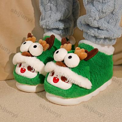 Pantofole di Cotone Peluche da Donna Moda Natale Alce Inverno Nuovo Carino Cartone Animato da Interno Antiscivolo Suola Morbida Pantofole Coppie Scarpe Calde e Soffici