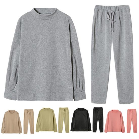 2-teiliges Damen-Oberteil-Hosen-Set Stehkragen Lange Ärmel Unifarbenes Sweatshirt Kordelzug Elastischer Bund Lockere Hose