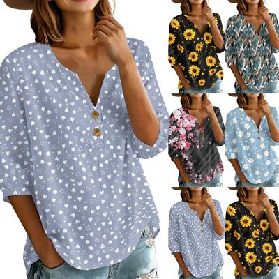 Women's Floral Print Henley Neck Button Front Shirt Lightweight Linen Cotton Blend Three Quarter Sleeve Casual Blouse