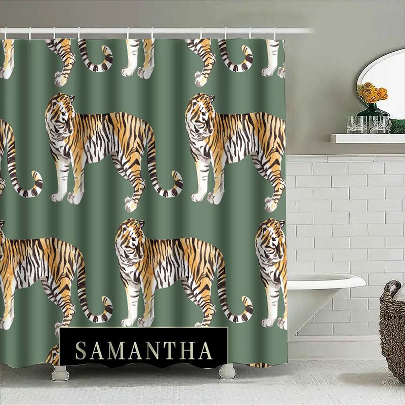 Stylish Tiger Print Shower Curtain for Bathroom Decor Personalized Custom Name Adding Green Background Pattern Home Decoration.