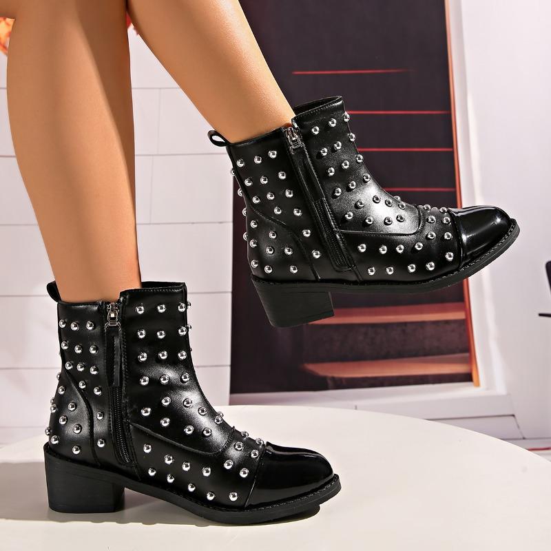 Retro Pointed Toe Western Cowboy Boots  Fall New Skinny Rivet Side Zip Shorter Boots
