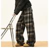 Men Women Winter Warm Fleece Lined Plaid Casual Pants Elastic Waist Drawstring Straight Leg Wide Trousers