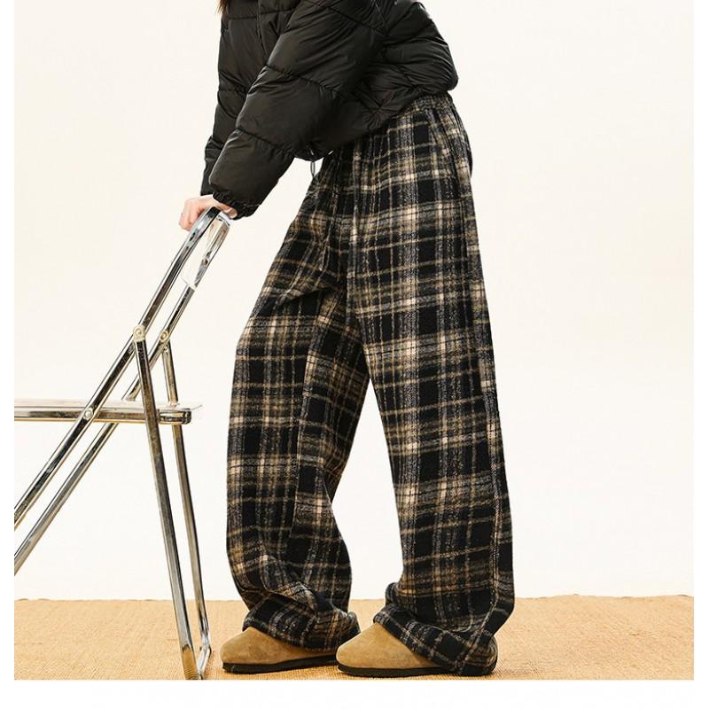 Men Women Winter Warm Fleece Lined Plaid Casual Pants Elastic Waist Drawstring Straight Leg Wide Trousers
