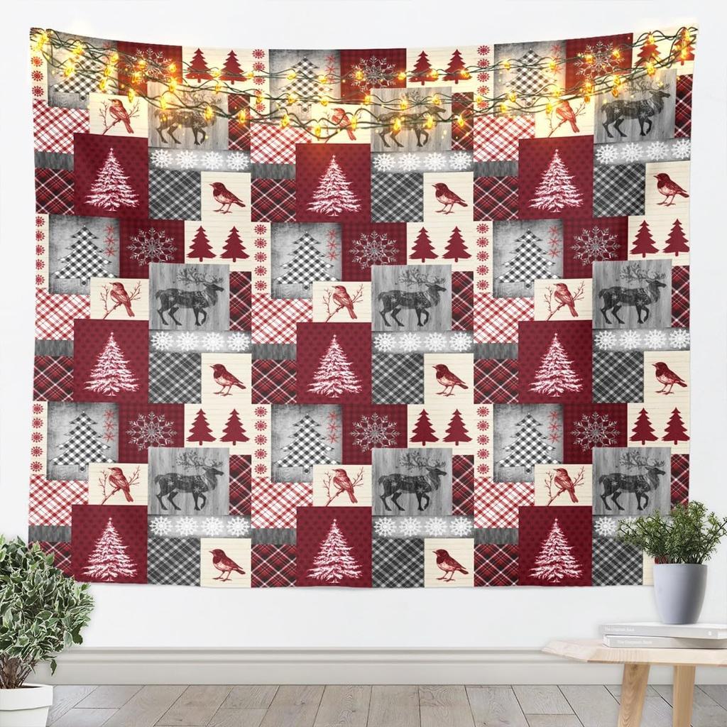Merry Christmas Tapestry Reindeer Wall Hanging Blanket Damask Pattern Wall Art For Living Room Bedroom Decoration Snowflake