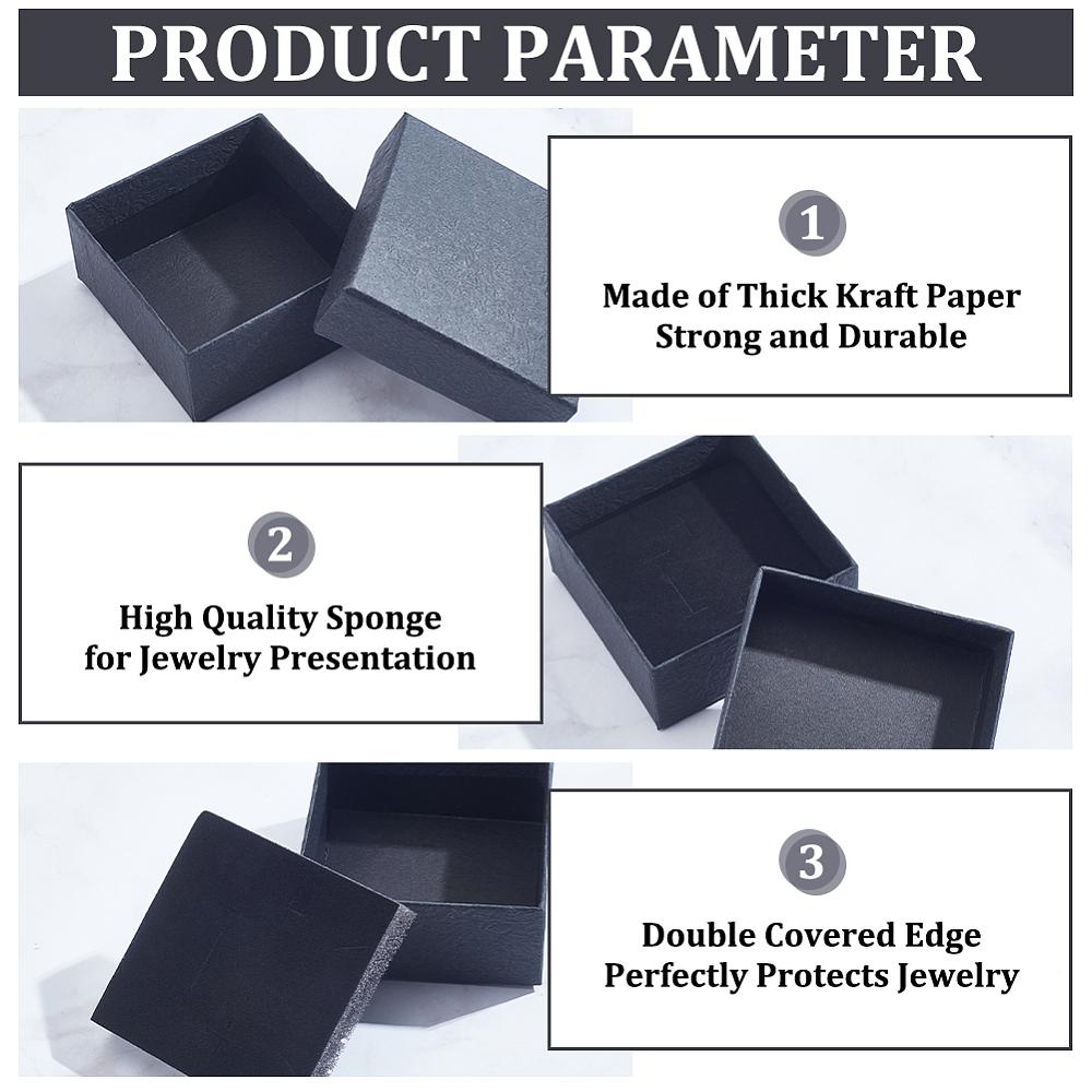 1set Texture Paper Jewelry Gift Boxes with Sponge Mat Inside Square Black 9.1x9.1x2.9cm Inner Diameter: 8.5x8.5cm Deep: 2.6cm 16pcs/set
