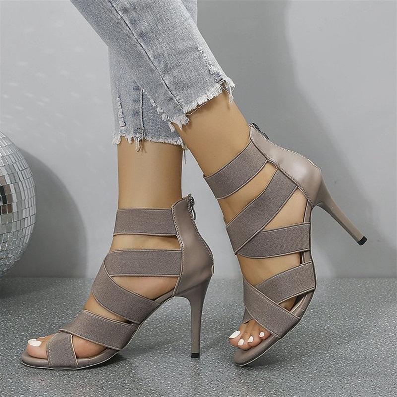 Europe and America 22 Summer Large Size High-heeled Sandals Stiletto Cross Elastic Band Rear Zipper Sexy Sandals