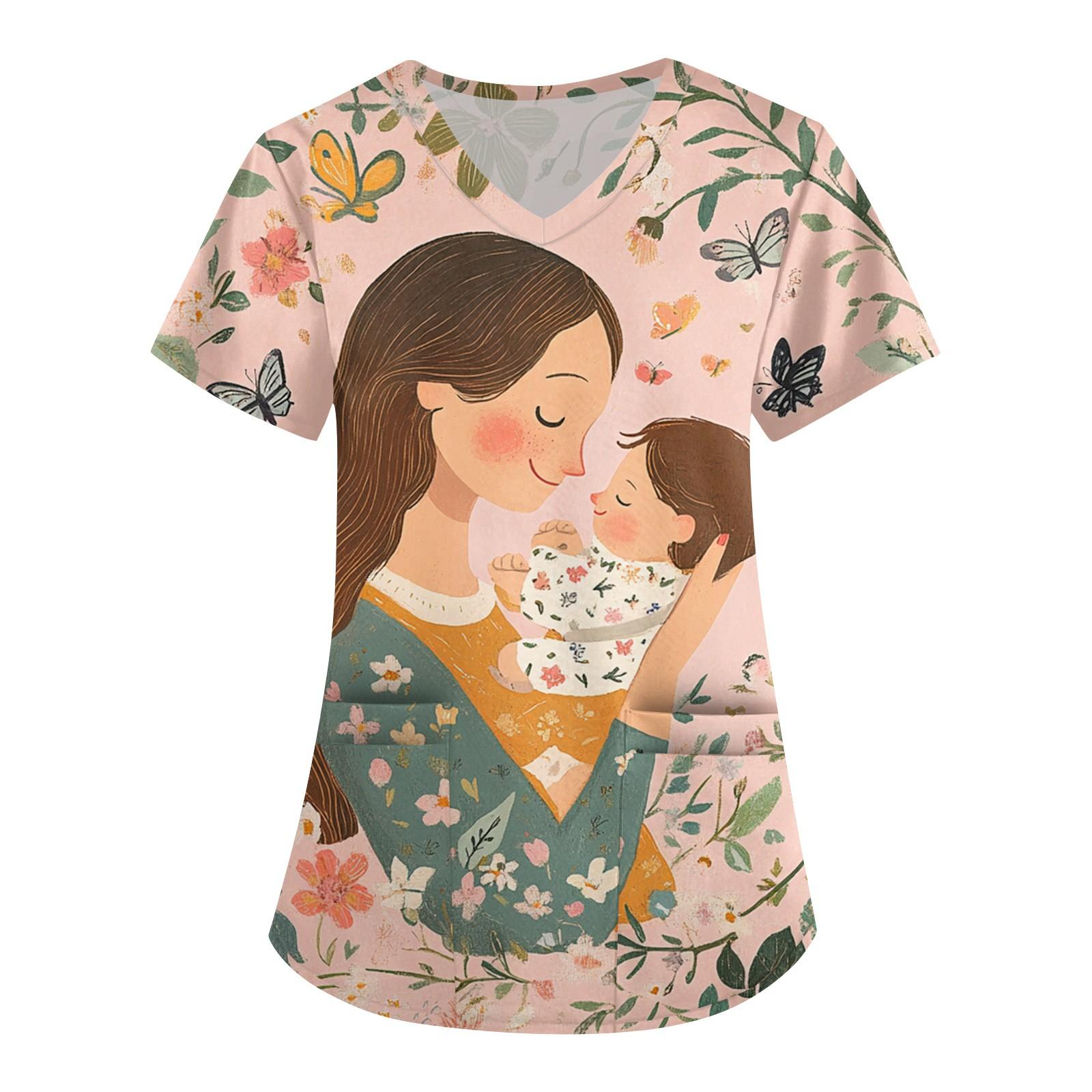 Women s Fashion V-neck Short-sleeved Work Clothes With Pockets Mother s Day Print Top Care Wear L