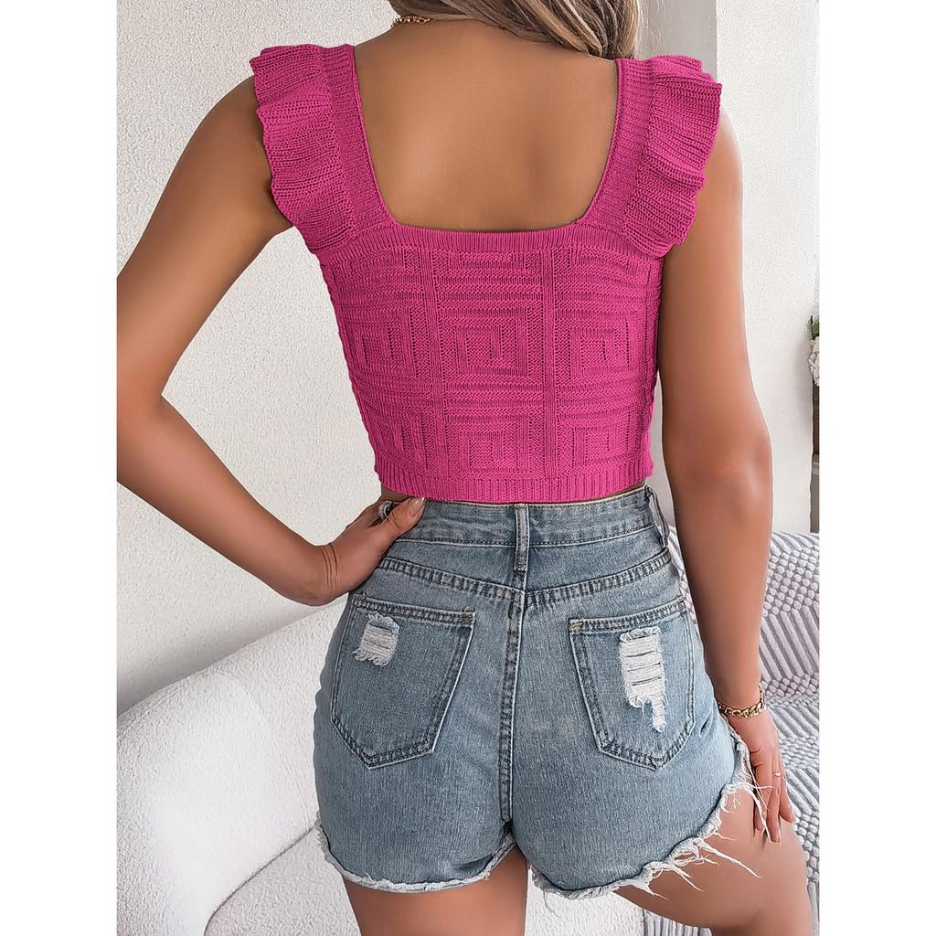 QICED Spring Summer Solid Color Square Neck Black Ear-trimmed Sleeveless Knitted Sweater Crop Top Women's Clothing