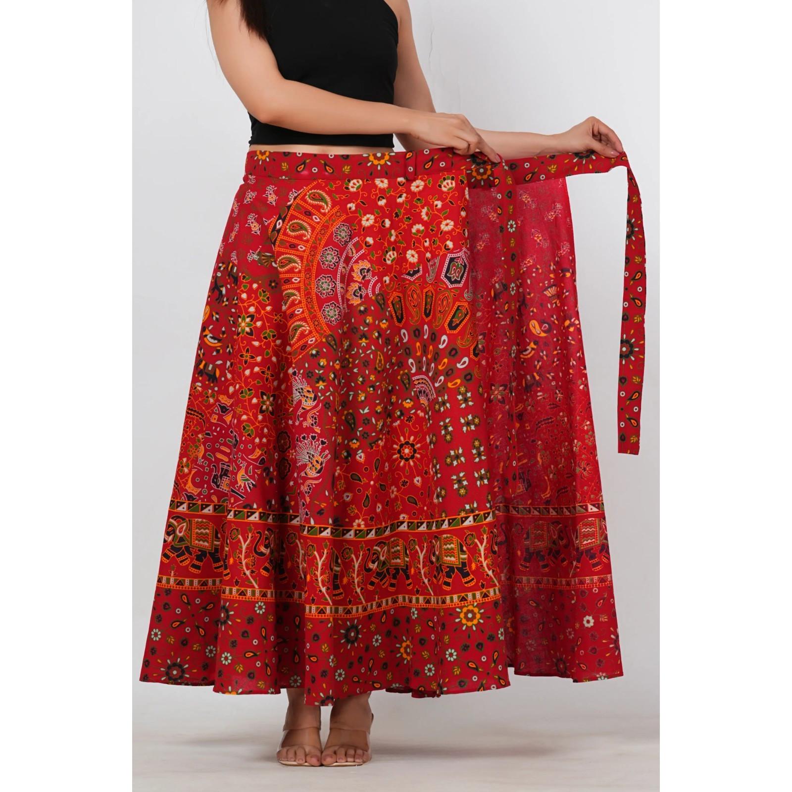 Beautiful Red Printed Women Wrap Around Skirt Indian Bollywood Flared Long Skirt Free