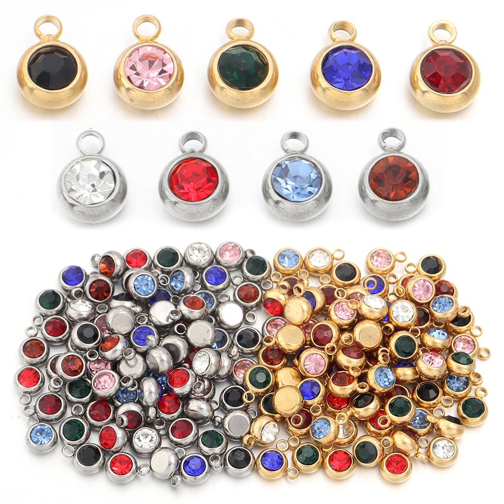 10Pcs Mini Birthstone Charms Stainless Steel Round Rhinestone Crystal Pendant for Jewelry Making DIY Necklace Bracelet Findings