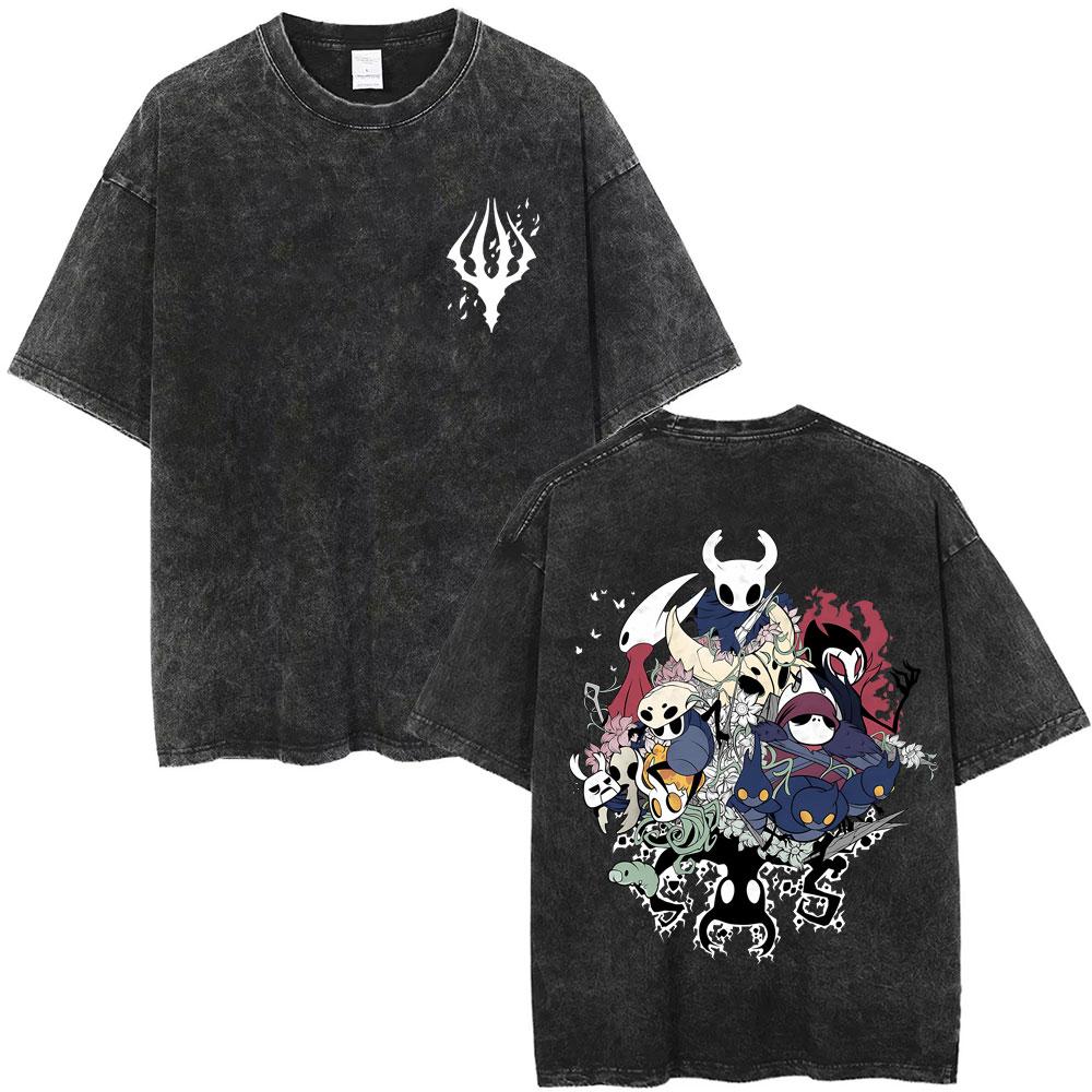 Game Hollow Knight Print Washed Tshirt Men Women Fashion Casual Cotton Tshirts Unisex Vintage Oversized Short Sleeve T Shirts
