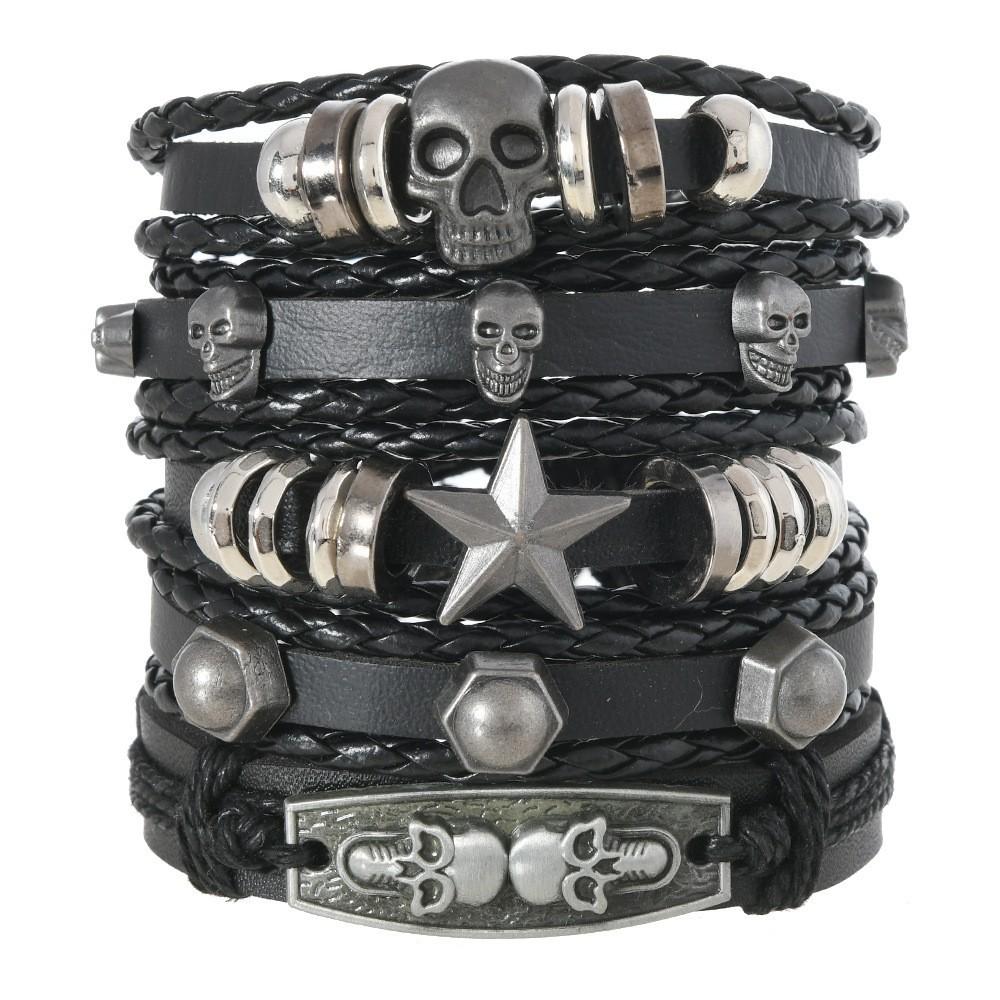 Alloy Men's Bracelet, Multi-layered Leather Skull Bangle, Viking Bracelet