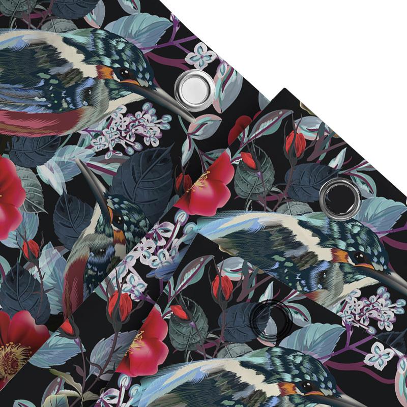 Természet ihlette fürdőszobai dekoráció Virágos madaras zuhanyfüggöny fürdőszobába Vízálló szövet fekete háttérrel (Méret 72x84)