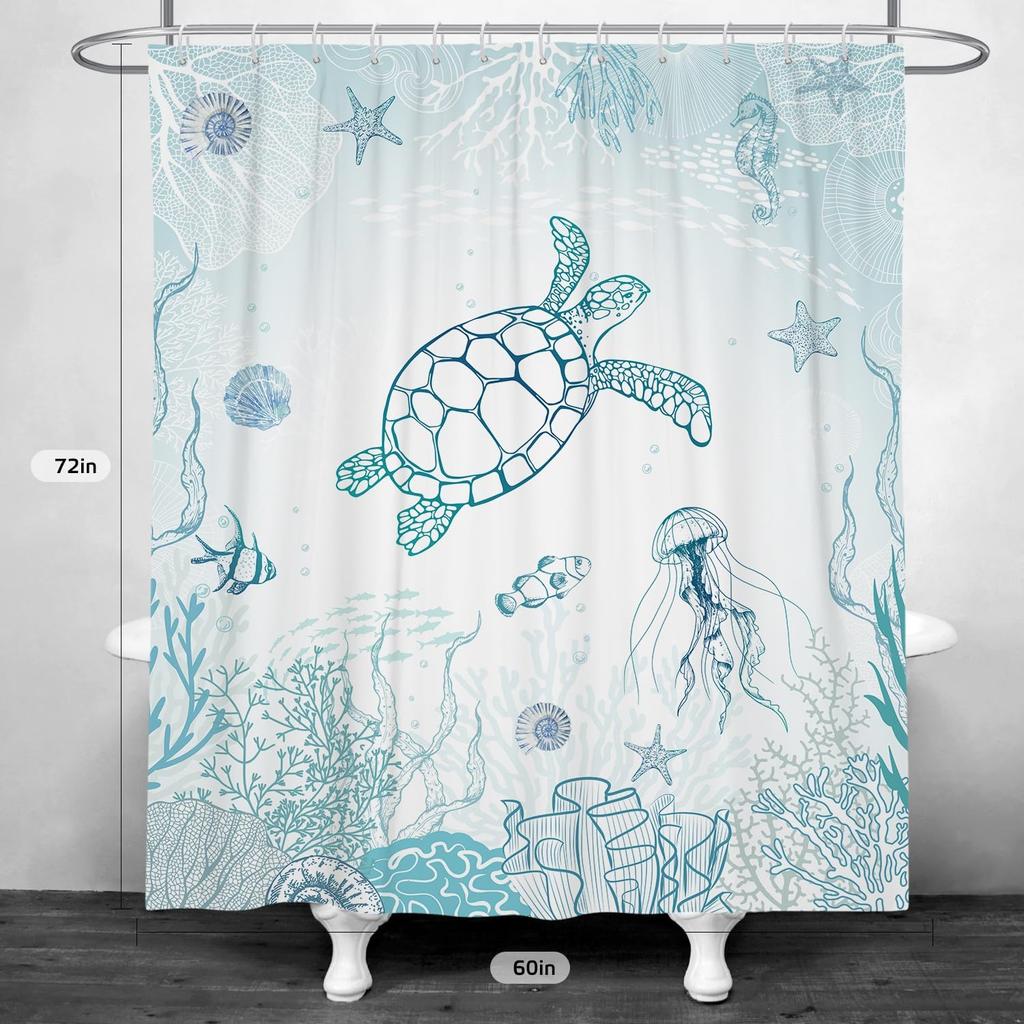 Blue Sea Turtle and Jellyfish Pattern Waterproof Shower Curtain 180x200cm - Ocean Life Print Bath Curtain for Kids Room Decor
