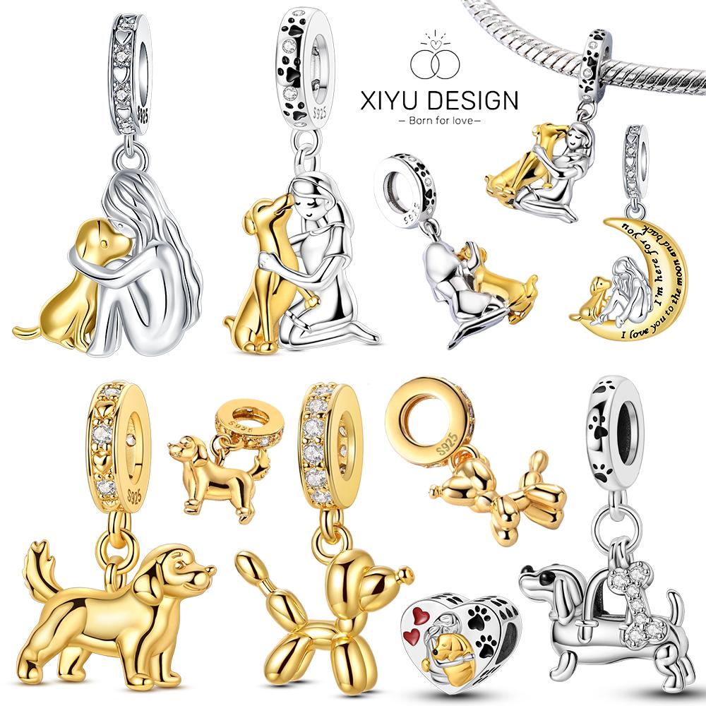 Copper Girl Holding Dog Charm Golden Retriever Beads Fit Original Bracelet Making Gift For Woman Jewelry Diy Fashion Pendant