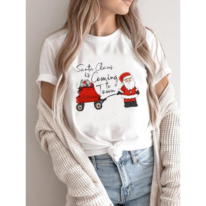 Summer Plus Print Christmas Theme Loose Cotton Short Sleeved T-Shirts Women’s