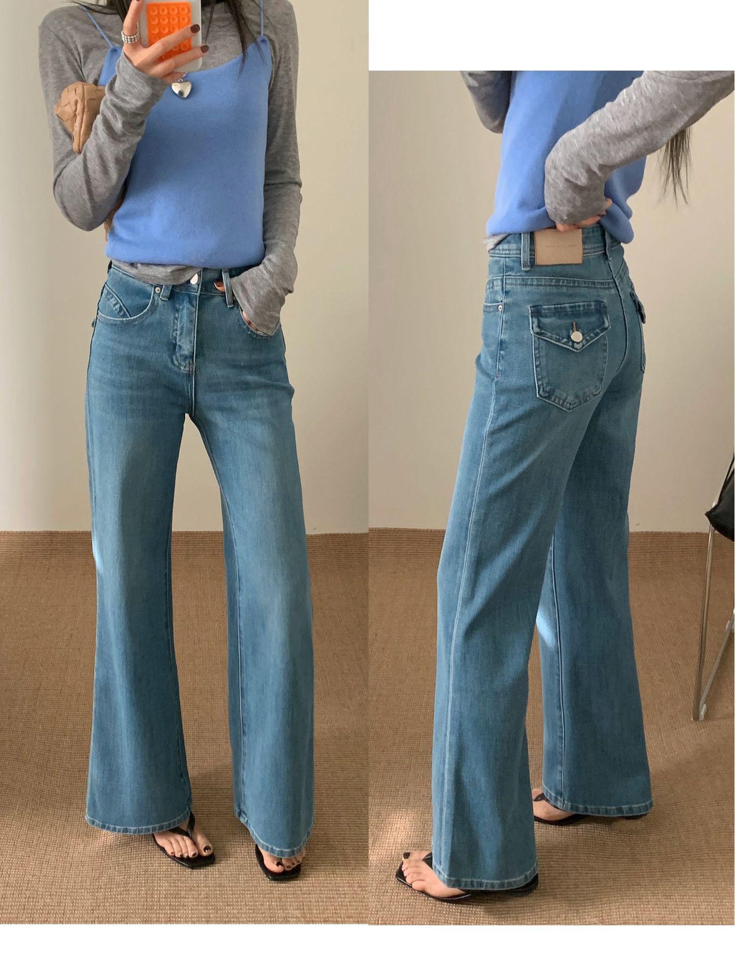 

Spring 2026 European-Style High Waist Flare Jeans with Unique Washed Back Pocket Patch 28 светло-синий