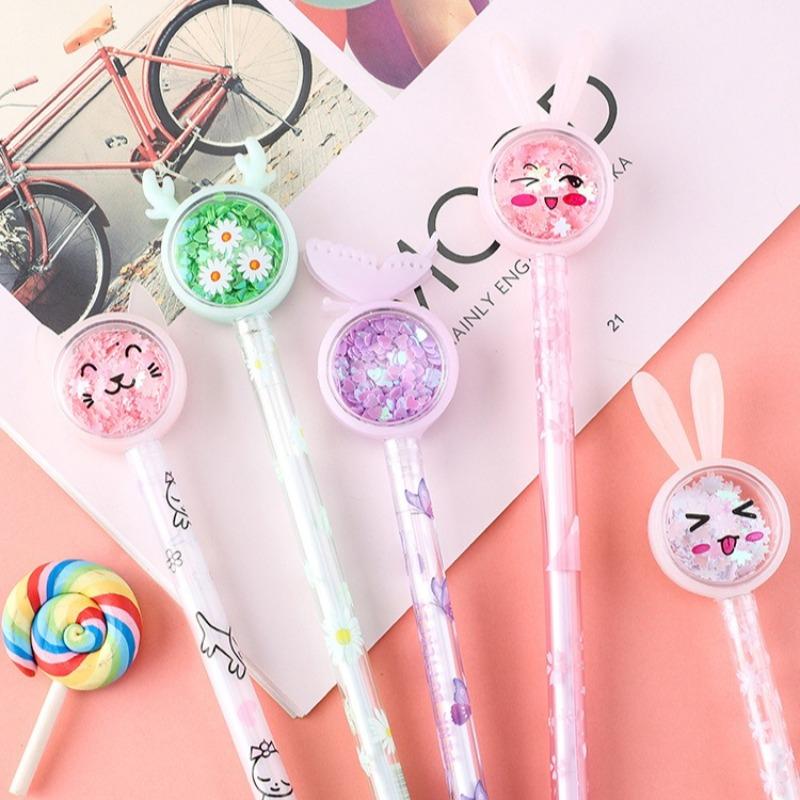 3Pcs Kawaii Butterfly Bunny Kitten Moon Sequin Neutral Pen Cute Cartoon Pen Black Ink Student Office School Stationery