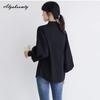 Korean Fashion Spring Autumn Women Blouse Stand Collar White Black Blue Khaki Loose Casual Shirt Lantern Sleeve Stylish Elegant Blouse