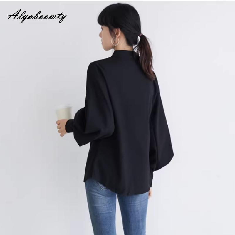 Korean Fashion Spring Autumn Women Blouse Stand Collar White Black Blue Khaki Loose Casual Shirt Lantern Sleeve Stylish Elegant Blouse