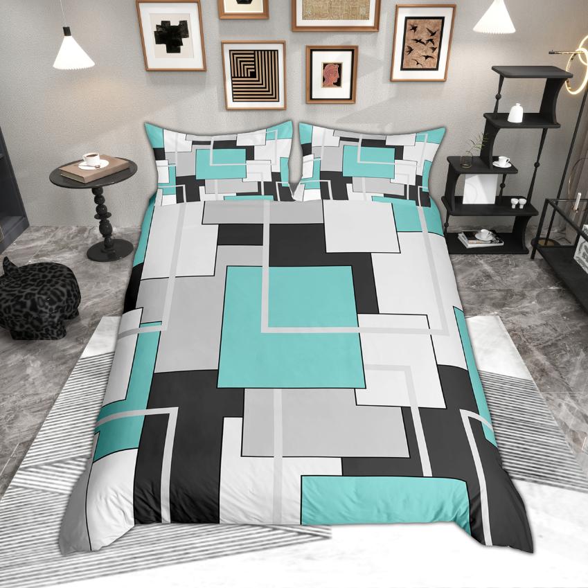 Homewish Modern Geometric Duvet Cover Set, Aesthetic Square Plaid Bedding, Abstract Minimalist Quilt Cover Set