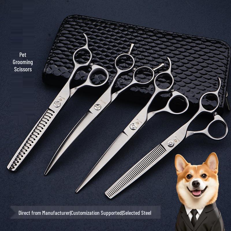 Professional Pet Grooming Scissors Set: Tooth, Curved, Straight, Thinning, Rounding