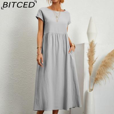 Summer Casual Loose Dress Women Short Sleeve O-Neck A-Line Ladies Dress with Pocket Office Ladies Cotton Linen Dresses