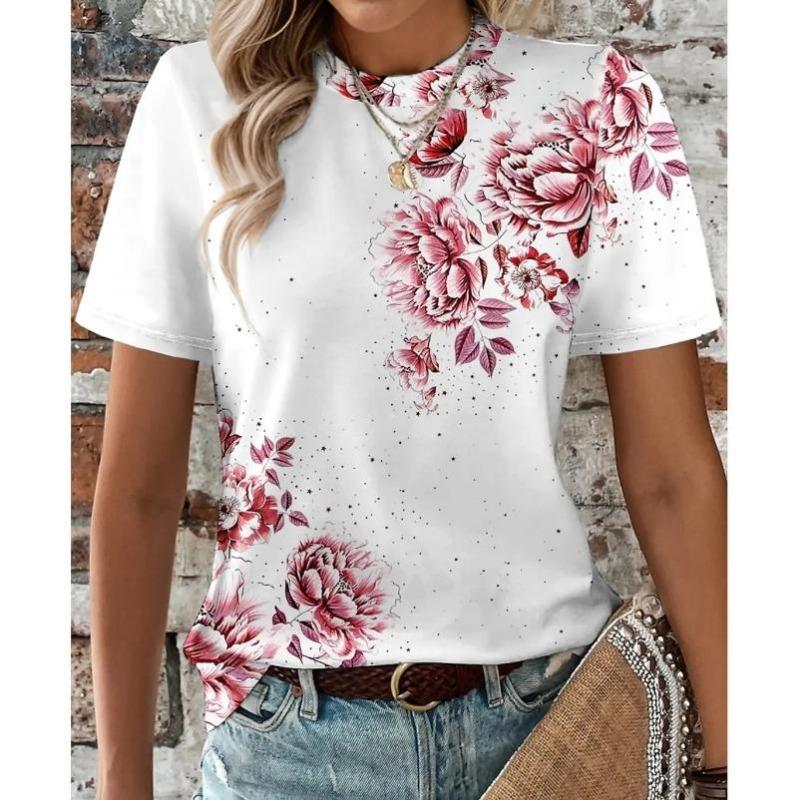 

Женская футболка с короткими рукавами и круглым вырезом, модная футболка с цветочным принтом, повседневный топ, топ с короткими рукавами длиной до плеч S