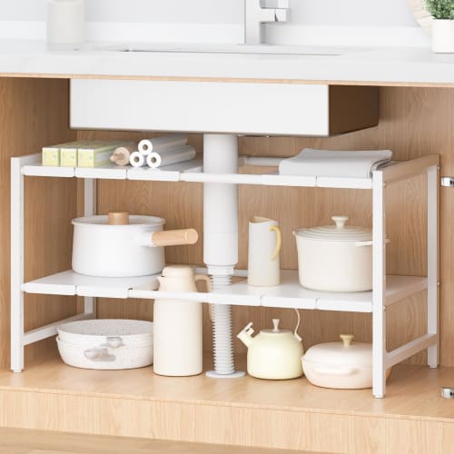 TKUIN Under-Sink Storage Rack, Extendable from 40-70cm Wide and 7 Height Adjustable Tiers, 35cm Deep, 40cm High, Large Capacity, 2-Tier Storage Rack,