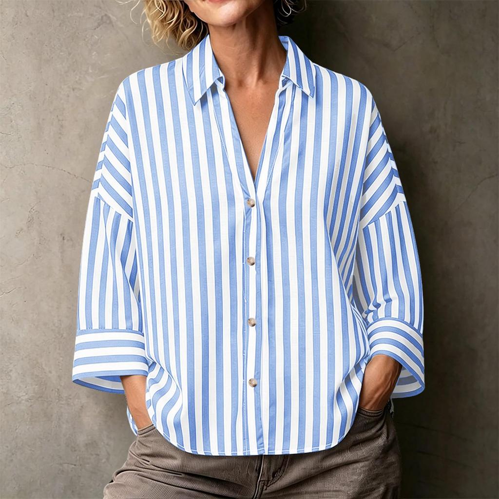 Women's Striped Lapel Button Down Long Sleeve Blouse Loose Fit for Work