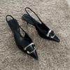 Shoes Black Leather Shoes Woman Pumps Slingbacks Pointed Toe High Heels Stiletto Sexy Party Shoes Women Heels