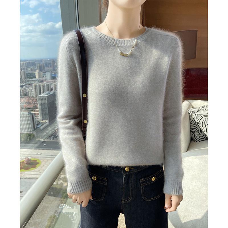 Double-Strand Thickened Cashmere Women's Long Sleeve Sweater - Plain Color, Round Neck, Autumn/Winter Base Layer.