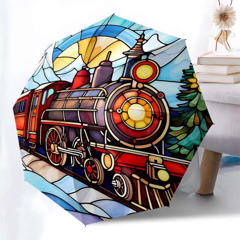 

1pc Stained Glass Steam Train Scene Automatic Folding Umbrella - Portable 3-Fold Design with 8-Bone Iron Frame, Outdoor for Fans, Travelers, Daily Use