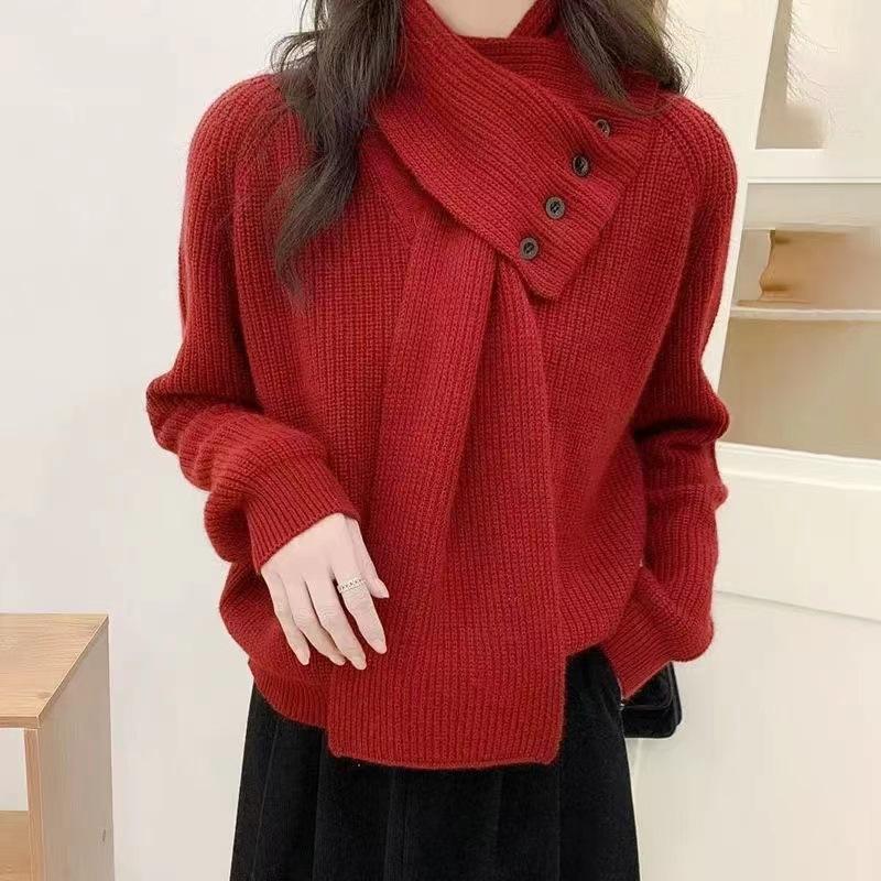 

Осень и зима ленивый ветер вязаный свитер тонкий свободный воротник-шарф свитер женский повседневный темперамент тонкий омолаживающий жакет One Size красный