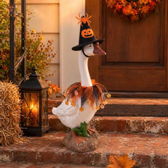 Goose Costume for Yard Display 1 Set Halloween Outfit, Lawn Festive Clothes with Pumpkin Spider Pointed Themed Hat, Porch 23 Inch Statue Outdoor