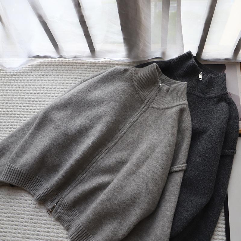 Stand-up Collar Double Zipper Knitted Cardigan Women's 2024 Autumn and Winter New Loose Versatile Solid Color Premium Sweater Jacket