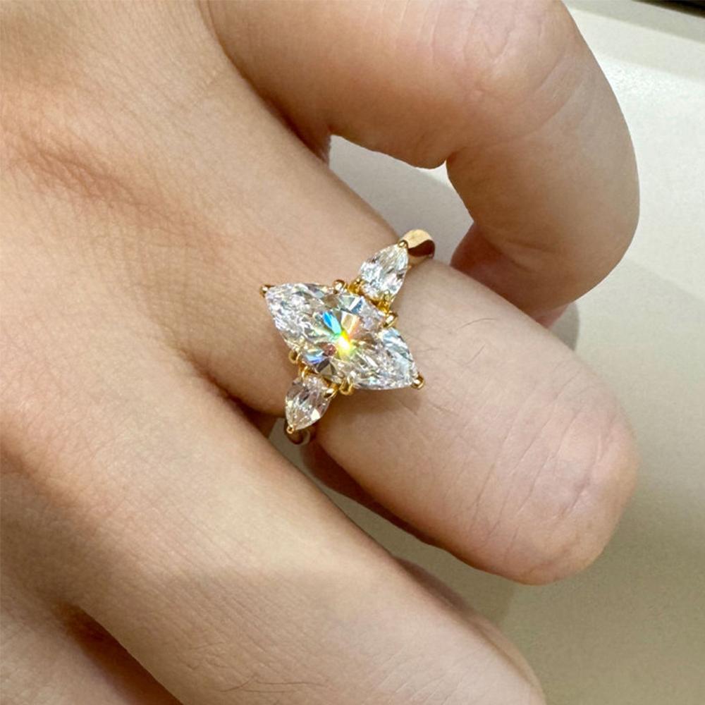 6x12mm Marquise Cut Zircon Rings for Women 100%   CopperSparkling 3 Stones Zirconia Ring Wedding Bands Jewelry Gift