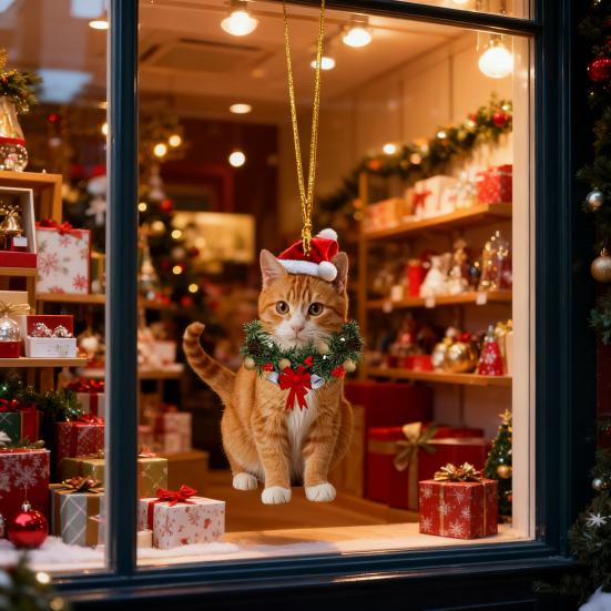 Yousheng Christmas Pendant 2D Acrylic Cat Wearing Xmas Wreath Charm Car Hanging Ornament Home Office Parties Decoration